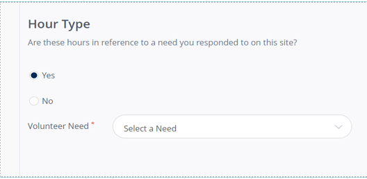 A screenshot of the hour type form section for hour tracking on iServe. The following text is included: Yes, No, Select a Need, Hour Type. 
