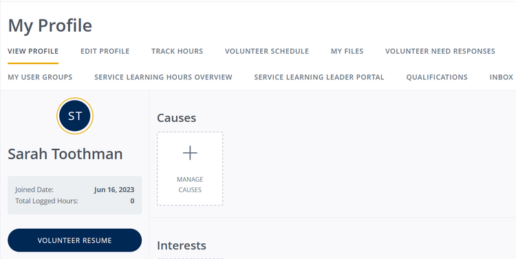 A screenshot of the "My Profile" page on iServe. The "volunteer resume" button is highlighted.